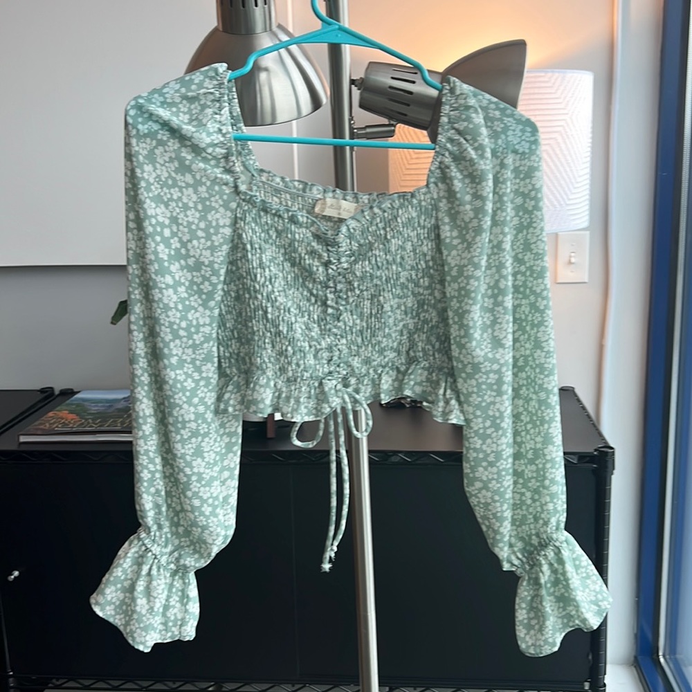 Altar’d State, Floral, Mint Green/ Pale Green-Blue, long sleeve, crop top